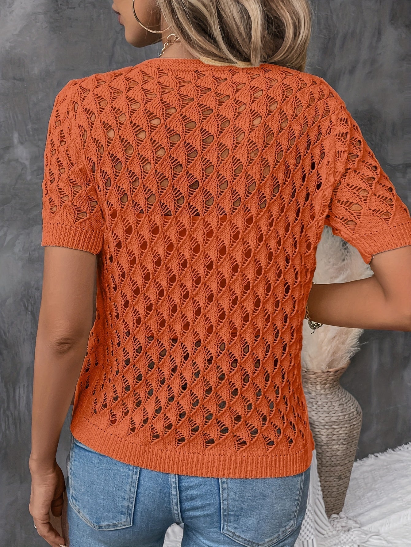 Angelique - Eleganter V-Ausschnitt Kurzarmpullover Aus Spitze