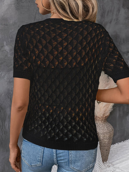 Angelique - Eleganter V-Ausschnitt Kurzarmpullover Aus Spitze